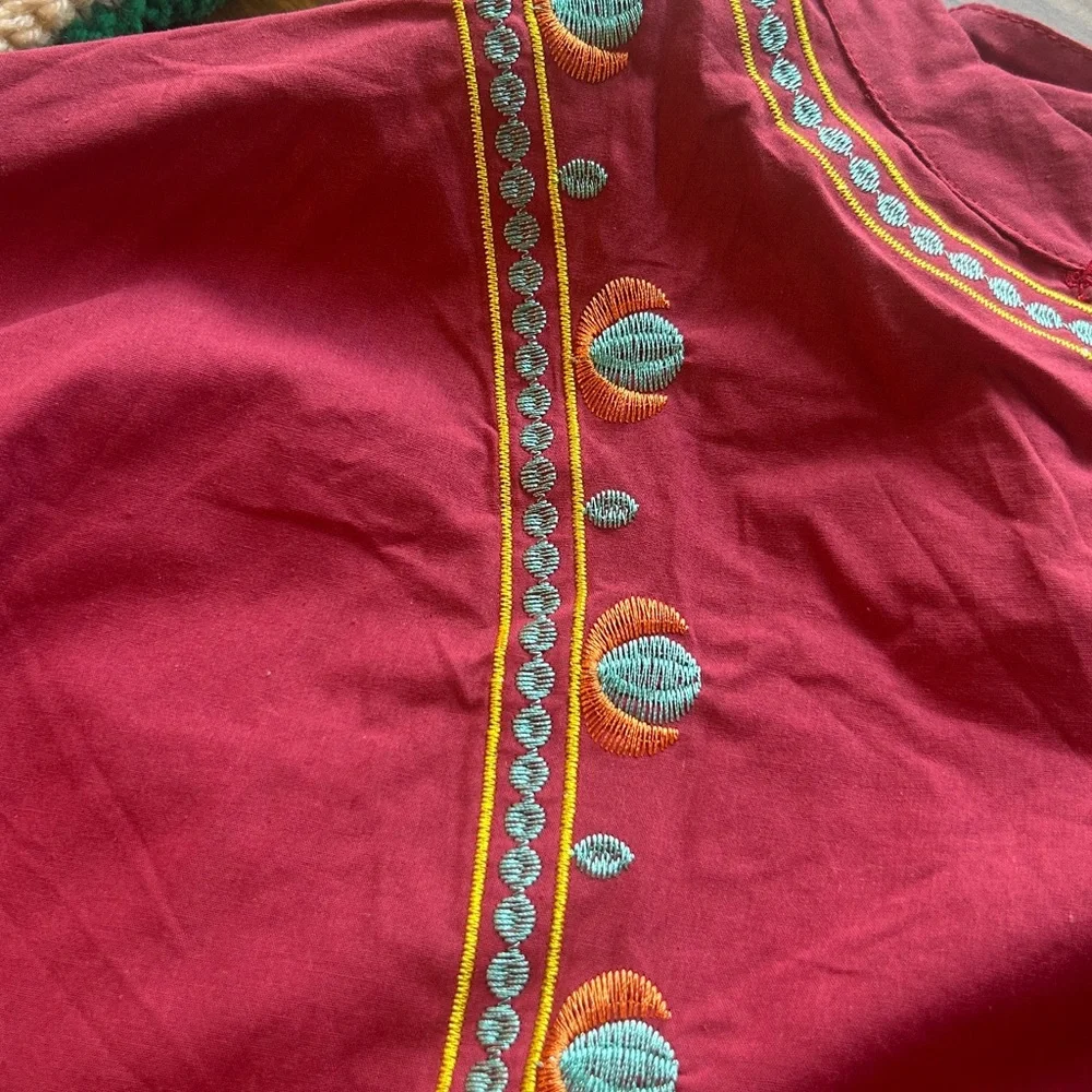 Boho Embroidered Burgundy Peasant Mini Dress Floral Sleeve Festival‎ Cottagecore - Picture 11 of 11